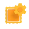 Gelbes Zahnrad liegt über einem orangefarbenen, abgerundeten Quadrat mit weißem Rahmen.