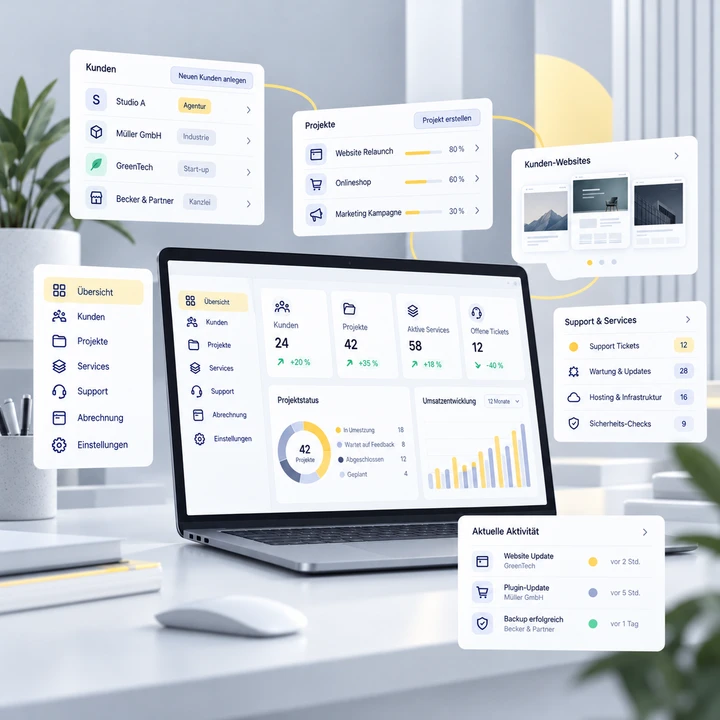 Laptop auf Schreibtisch, umgeben von schwebenden Dashboard-Fenstern mit Diagrammen, Listen und Icons.