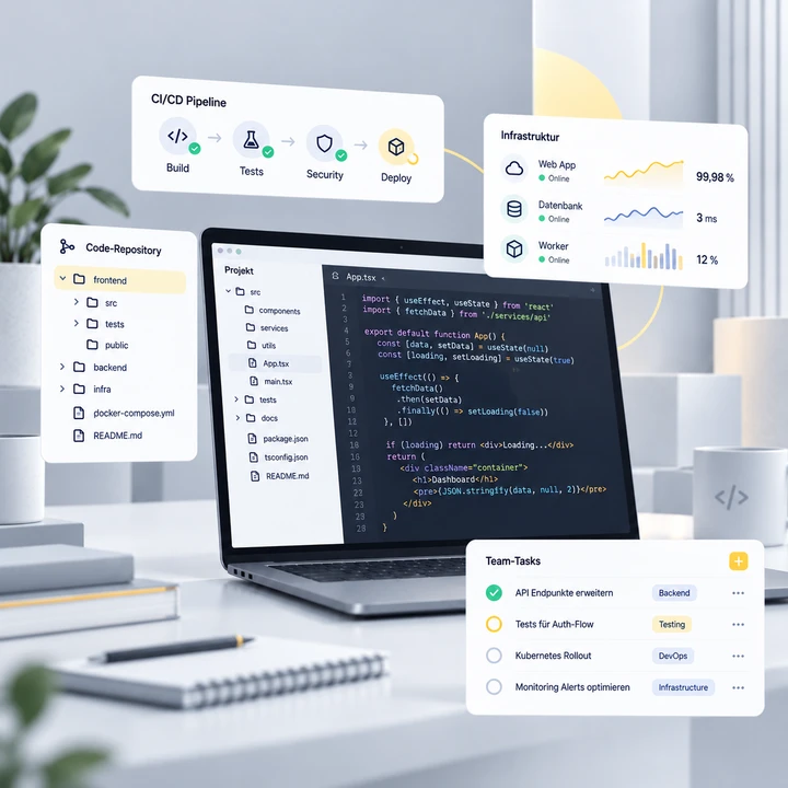 Laptop mit Code-Snippet; schwebende UI-Karten zeigen CI/CD-Pipeline, Datei-Struktur, Team-Aufgaben und Infrastruktur-Dashboard