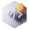Graues Hexagon mit Code-Symbol: spitze Klammern links und rechts um eine vertikale Linie; oben rechts orange Kreissymbol.