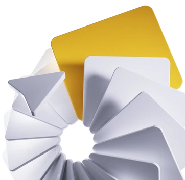 Spirale aus weißen Papierkarten mit einem großen gelben Rechteck oben.