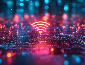 Abstrakte digitale Netzwerkszene mit blauen und pinken Lichtern; zentral ein orangefarbenes WLAN-Symbol.