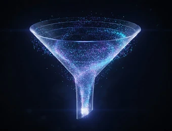 Leuchtendes Martini-Glas aus blauen Partikeln vor dunklem Hintergrund.