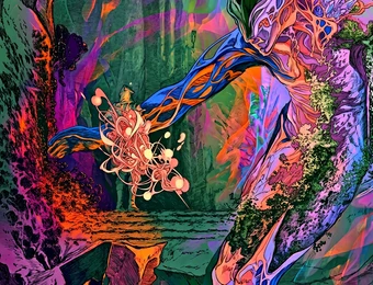 Neonfarbige Komposition mit einer großen, länglichen Figur rechts und einer kleineren pinken Form links vor bunter Landschaft.