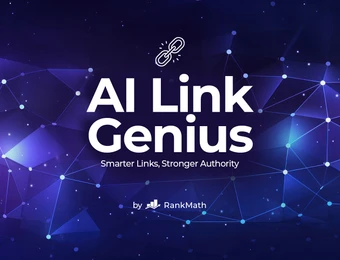 Violetter Netzwerk-Hintergrund mit weißen Texten: 'AI Link Genius' und Unterzeile; Raketen-Icon darüber; 'by RankMath' unten.