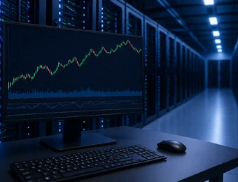 Monitor zeigt Kursdiagramm mit Kerzen; davor Tastatur und Maus, rechts Serverracks in einem dunklen Rechenzentrum.