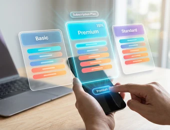 Drei holografische Karten mit Basic, Premium und Standard über einem Smartphone; bunte Balken; Laptop links.