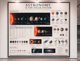 Großes Poster mit Diagrammen des Sonnensystems, Planetenbildern und Überschrift 'Astronomy & The Solar System'.