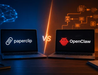 Zwei Laptops auf einem Tisch, links Paperclip, rechts OpenClaw, dazwischen VS; blauer Netzwerk- und orangener Hintergrund.