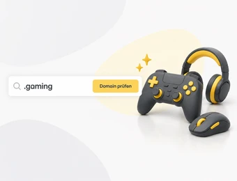 Suchleiste mit '.gaming' links, daneben Gamecontroller mit gelben Tasten und Kopfhörer; heller abstrakter Hintergrund.