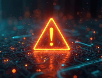 Orangenes Dreieck mit Ausrufezeichen leuchtet; auf einer blau-orange glühenden Leiterplatte.