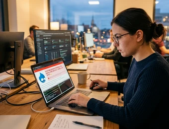 Eine Person mit Brille sitzt an einem Schreibtisch mit Laptop und externem Monitor, Büro im Hintergrund.