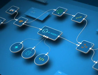Blaues Diagramm mit zentraler Box AGENT, verbunden mit Kästen und Kreisen durch weiße Linien.