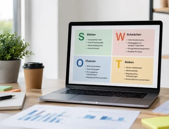 Laptop mit SWOT-Diagramm auf dem Bildschirm; Pflanze, Kaffeebecher, Notizblock, Stifte und Unterlagen liegen auf dem Tisch.