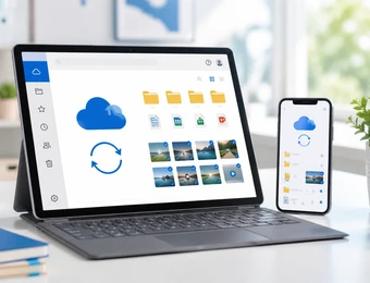 Tablet zeigt Cloud-Icon, Ordner und Fotos; Smartphone zeigt ähnliche Anzeige; Schreibtisch mit Pflanze, Becher.