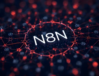 Dunkler Hintergrund mit roten vernetzten Linien und Knoten, zentral der weiße Text N8N.