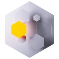 Hexagonale Grafik: Gelbes Hexagon links, weitere graue und weiße Sechsecke in einem größeren Hexagonrahmen.