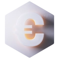 3D-Eurozeichen (€) in Orange vor einer hellgrauen Hexagon-Platte, mit sanftem Schatten.