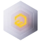 Mehrschichtige Hexagonform mit violettem Verlauf; in der Mitte ein gelbes abstraktes Symbol.