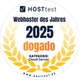 Runder Badge mit HOSTtest-Logo Webhoster des Jahres 2025 orange dogado gelbe Lorbeerkränze Cloud-Server www.hosttest.de