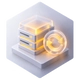 Weiße, dreidimensionale Serverracks auf einer Plattform mit gelb-orangen LEDs; rechts ein kreisförmiges Pfeil-Symbol.