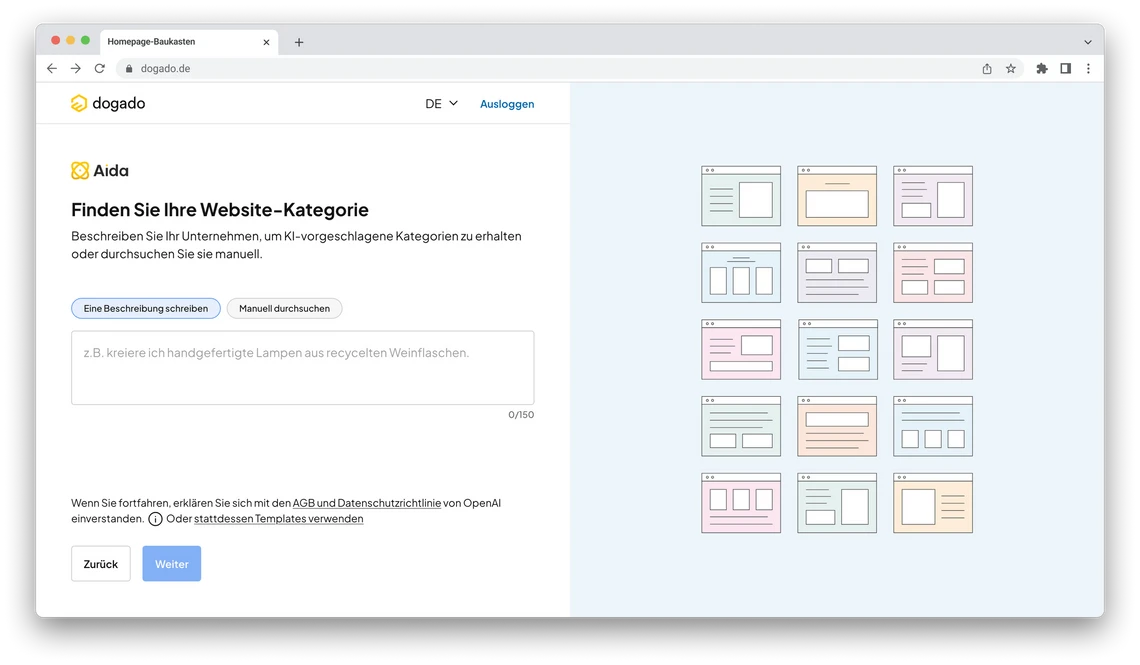 Screenshot eines Laptop-Bildschirms mit Browserfenster; linke Spalte mit Titel und Eingabefeld; rechte bunte Kachelkarten.