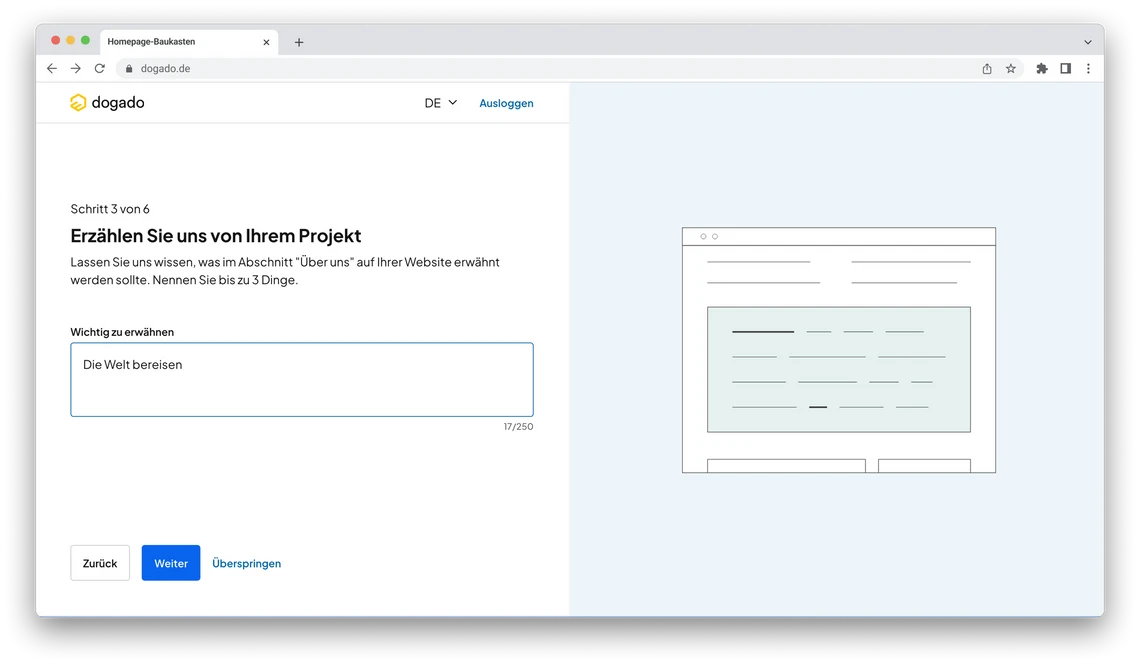 Screenshot eines Browserfensters: Linkes Formular mit Schritt 3/5, Textfeld 'Die Welt bereisen'; rechts Skizze einer Seite.