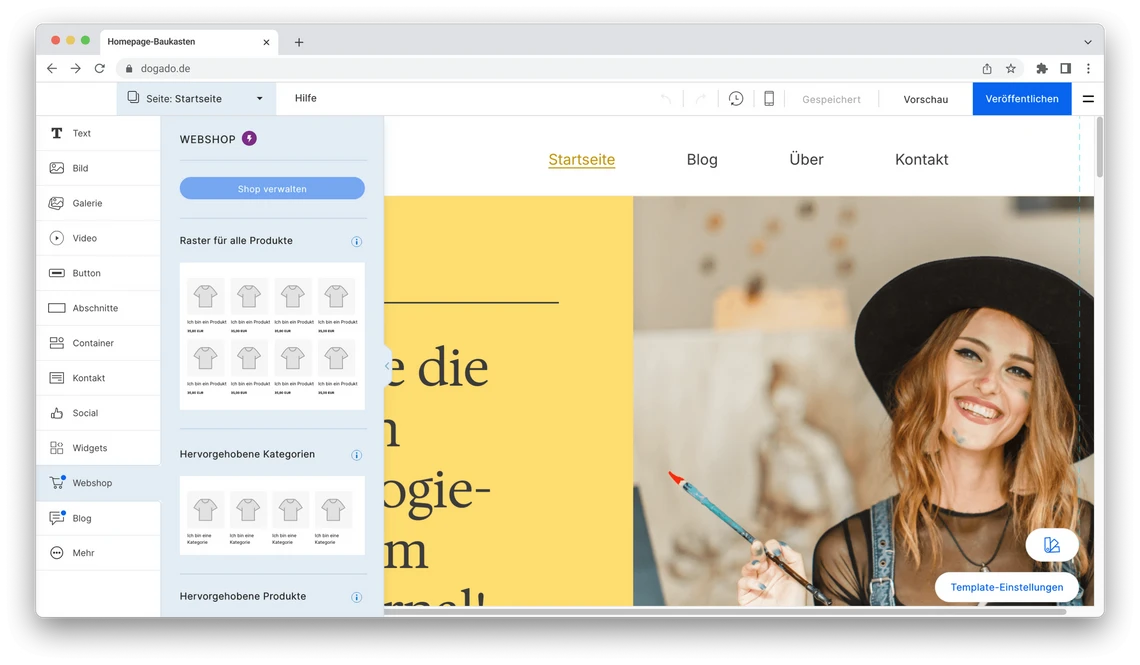 Laptop-Bildschirm mit Website-Editor; links UI-Panel, rechts Foto einer Frau mit schwarzem Hut vor gelbem Hintergrund.
