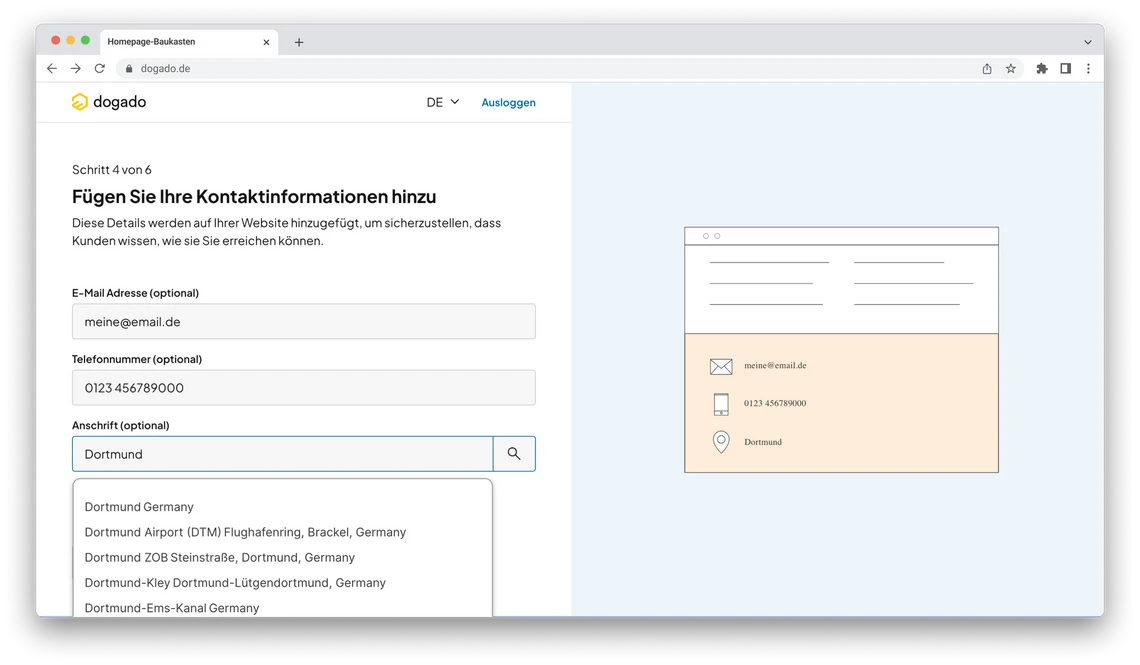 Screenshot eines Laptop-Bildschirms mit Kontaktformular: Felder für E-Mail, Telefonnummer, Anschrift; rechts eine Box