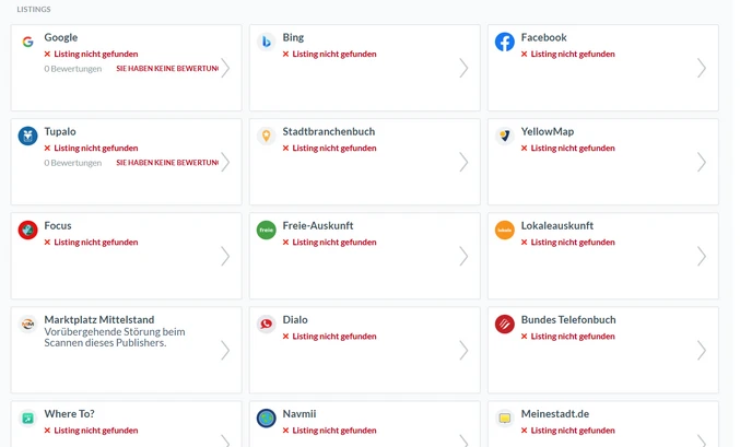 Raster aus Karten-Widgets mit Logos (Google, Bing, Facebook) und dem Text »Listing nicht gefunden«.