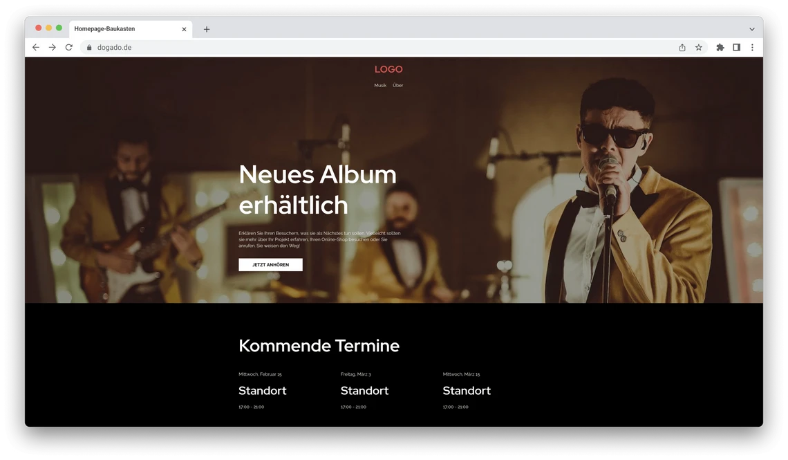 Dunkler Website-Hero mit Bandauftritt; rechts Sänger mit Sonnenbrille, Überschrift 'Neues Album erhältlich'.