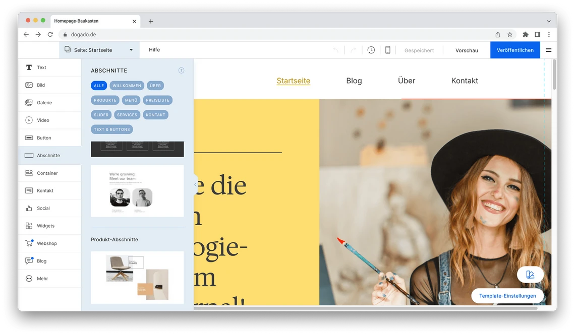 Bildschirm zeigt Website-Editor: linke Bausteine, zentrales Gelbfenster; rechts eine Frau mit Hut.