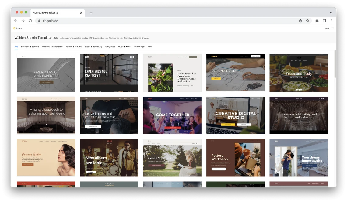 Laptop-Bildschirm mit Browserfenster, Raster aus Vorlagen-Kacheln.