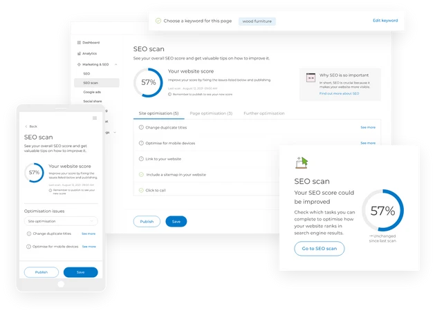 Kollage mehrerer Bildschirme zeigt ein SEO-Scan-Dashboard mit 57% Score, Kreisdiagramm und Aufzählungspunkten.