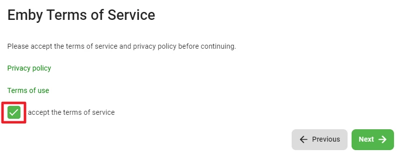 Emby Terms of Service-Seite mit markiertem Kontrollkästchen zur Zustimmung. Links zu Privacy Policy und Terms of Use.