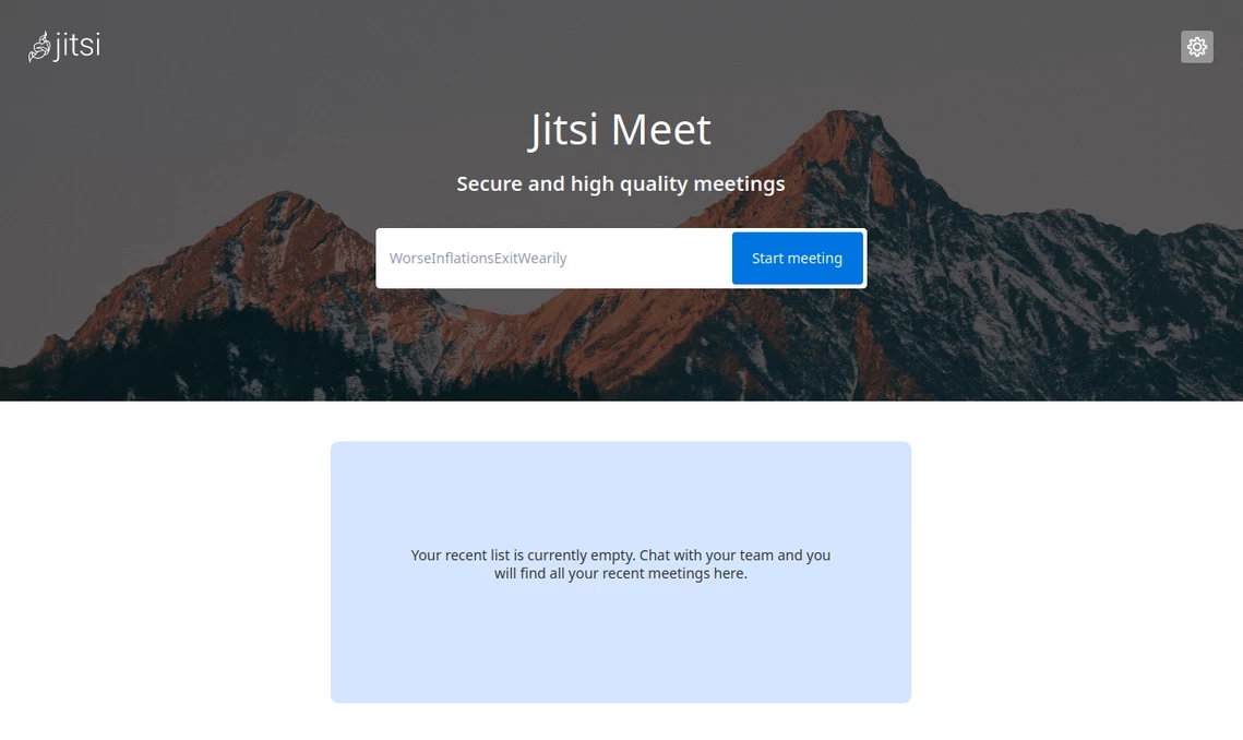 Berglandschaft im Hintergrund, Jitsi-Logo links, zentrale Überschrift 'Jitsi Meet', Suchfeld mit Start-Button.