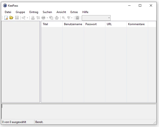 KeePass-Fenster: Menüleiste, linkes leeres Feld, rechte Tabellenansicht mit Spalten Titel, Benutzername, Passwort, URL, Kommentare.