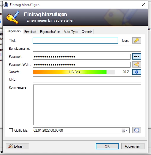 Windows-Dialog Eintrag hinzufügen mit Feldern für Titel, Benutzername, Passwort, Qualität (116 Bits) und URL.