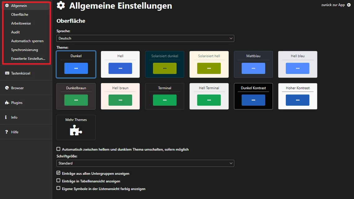 Allgemeine Einstellungen: linkes Menü, rechte Oberfläche mit Sprachauswahl Deutsch und Theme-Kacheln.