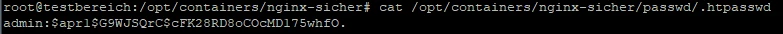 Terminalfenster mit schwarzem Hintergrund; Eingabeaufforderung; Befehl: cat /opt/containers/nginx-sicherer/passwd/.htpasswd
