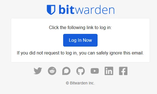 Bitwarden-Logo oben; Login-Box mit Button 'Log In Now' und Hinweistext; darunter Social-Icons.