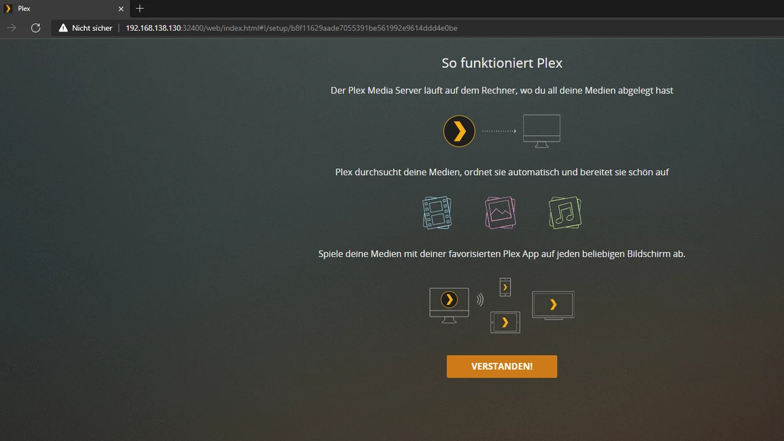 Screenshot der Plex-Anleitungsseite: dunkler Hintergrund, gelbe Icons und Pfeile, orangener Knopf 'VERSTANDEN!'.