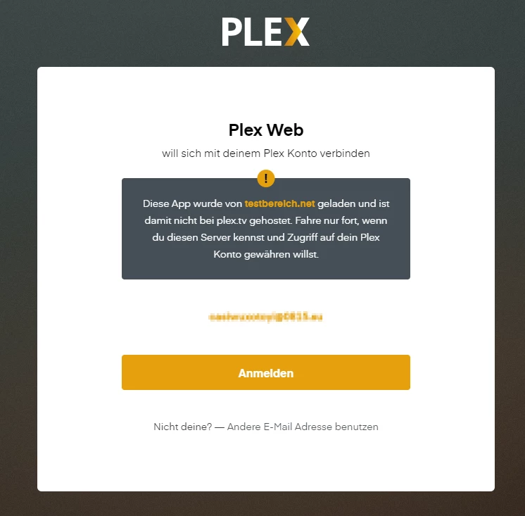 Screenshot einer Plex-Web-Anmeldeseite: weiße Dialogbox mit gelbem Anmelden-Button, grauer Hinweisbox, dunkler Hintergrund.