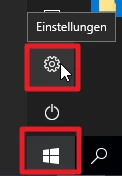 Dunkle Seitenleiste mit zwei hervorgehobenen Symbolen: Einstellungen (Zahnrad) und Windows-Logo, Tooltip 'Einstellungen'.