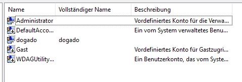 Windows-Benutzerkontenliste: Administrator, DefaultAcco…, dogado, Gast, WDAGUtility…