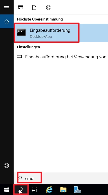 Windows-Taskleiste unten; Suchfeld mit 'cmd'. Treffer: Eingabeaufforderung Desktop-App mit cmd-Symbol, blau markiert.