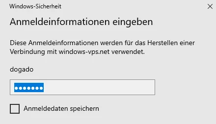 Windows-Sicherheit: Anmeldeinformationen eingeben; Benutzername dogado, Passwortfeld mit Punkten, Verbindung zu windows-vps.net