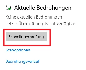 Screenshot einer Sicherheitsseite: Überschrift Aktuelle Bedrohungen, Text Keine aktuellen Bedrohungen, hervorgehobene Schaltfläche Schnellüberprüfung.