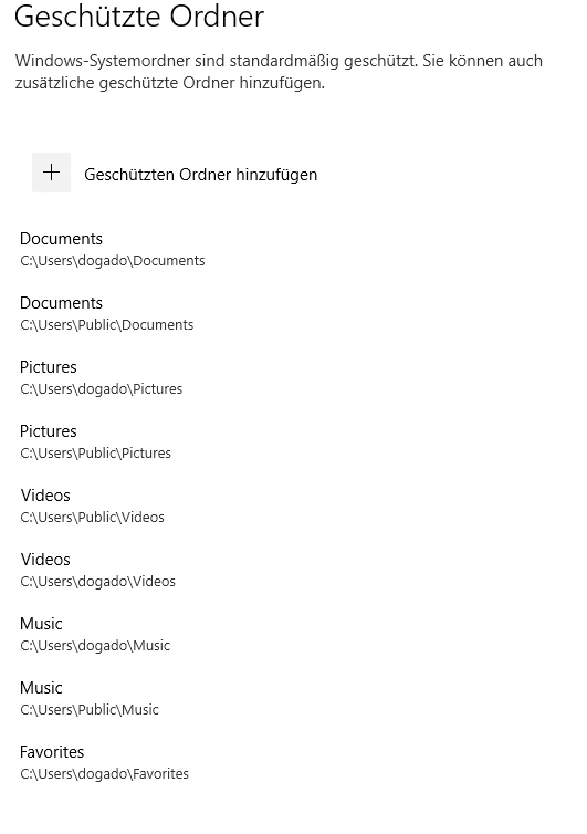 Fenster 'Geschützte Ordner' mit Liste geschützter Ordnerpfade: Documents, Pictures, Videos, Music, Favorites.