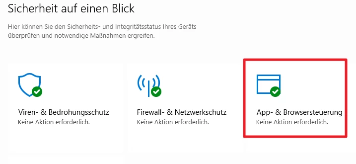 Sicherheit auf einen Blick: drei Kacheln – Viren- & Bedrohungsschutz, Firewall- & Netzwerkschutz, App- & Browsersteuerung; grüne Haken.